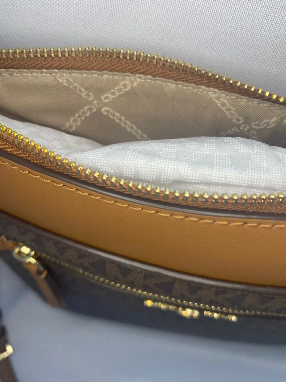 Michael Kors Brown Monogram Crossbody with Tan Trim and Gold Hardware